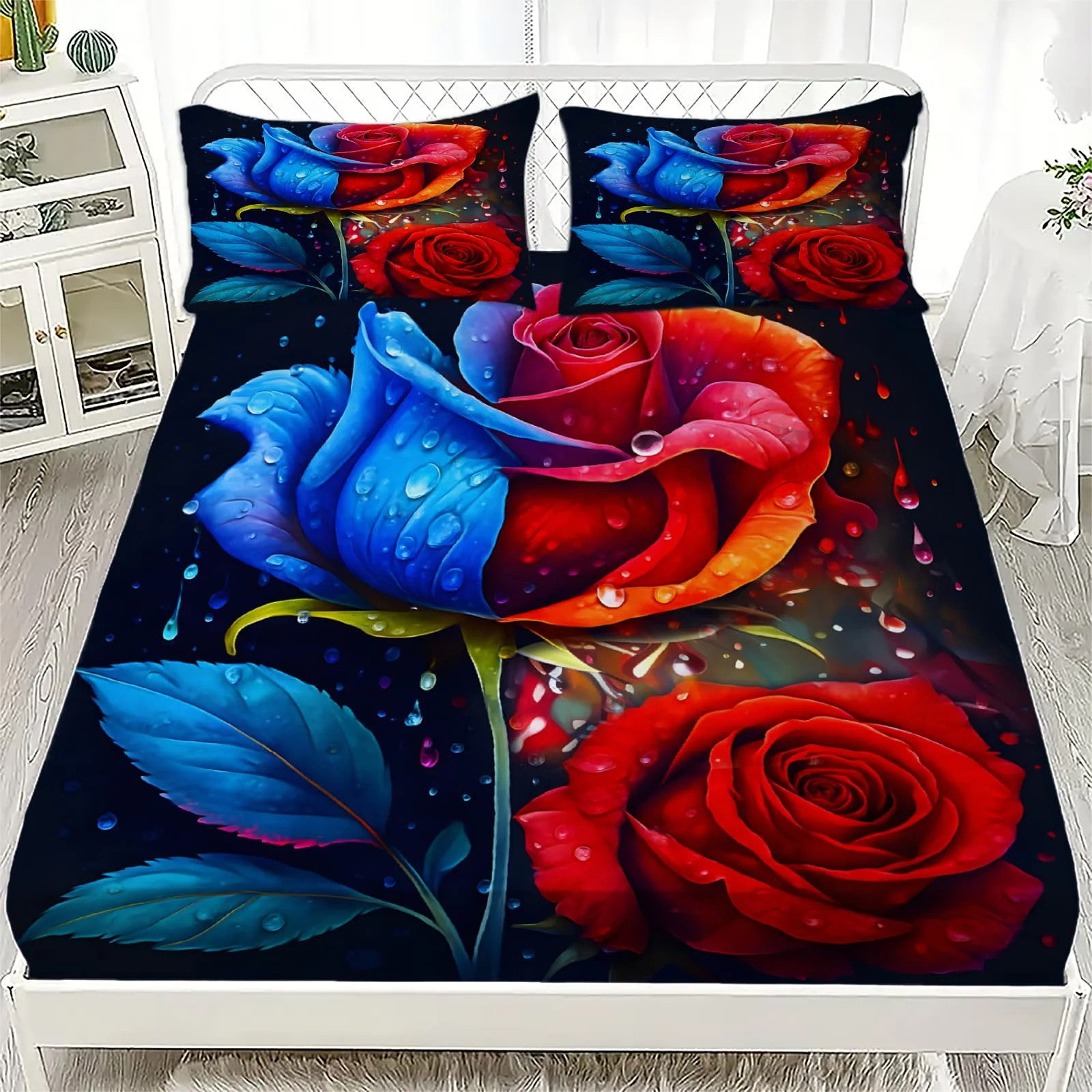 1pc Vibrant Blue & Red Rose Print Fitted Sheet Deep Pocket Elastic Mattress Cover Single Double Queen King Bedroom Decor