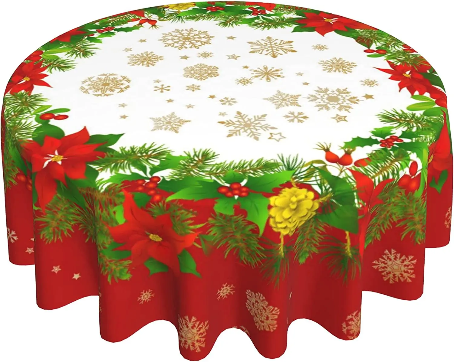 Red Christmas Tablecloth Snowflake Christmas Round Tablecloth 60 Inch Blooming Red Poinsettia Table Cloth