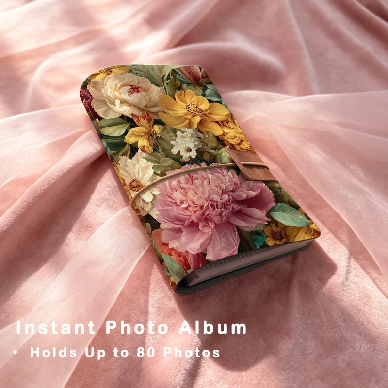 Retro Oil Painting Peony Floral Print PU Leather Photo Album 80 Pockets Portable Mini Instant Camera Photo Book Travel Memory