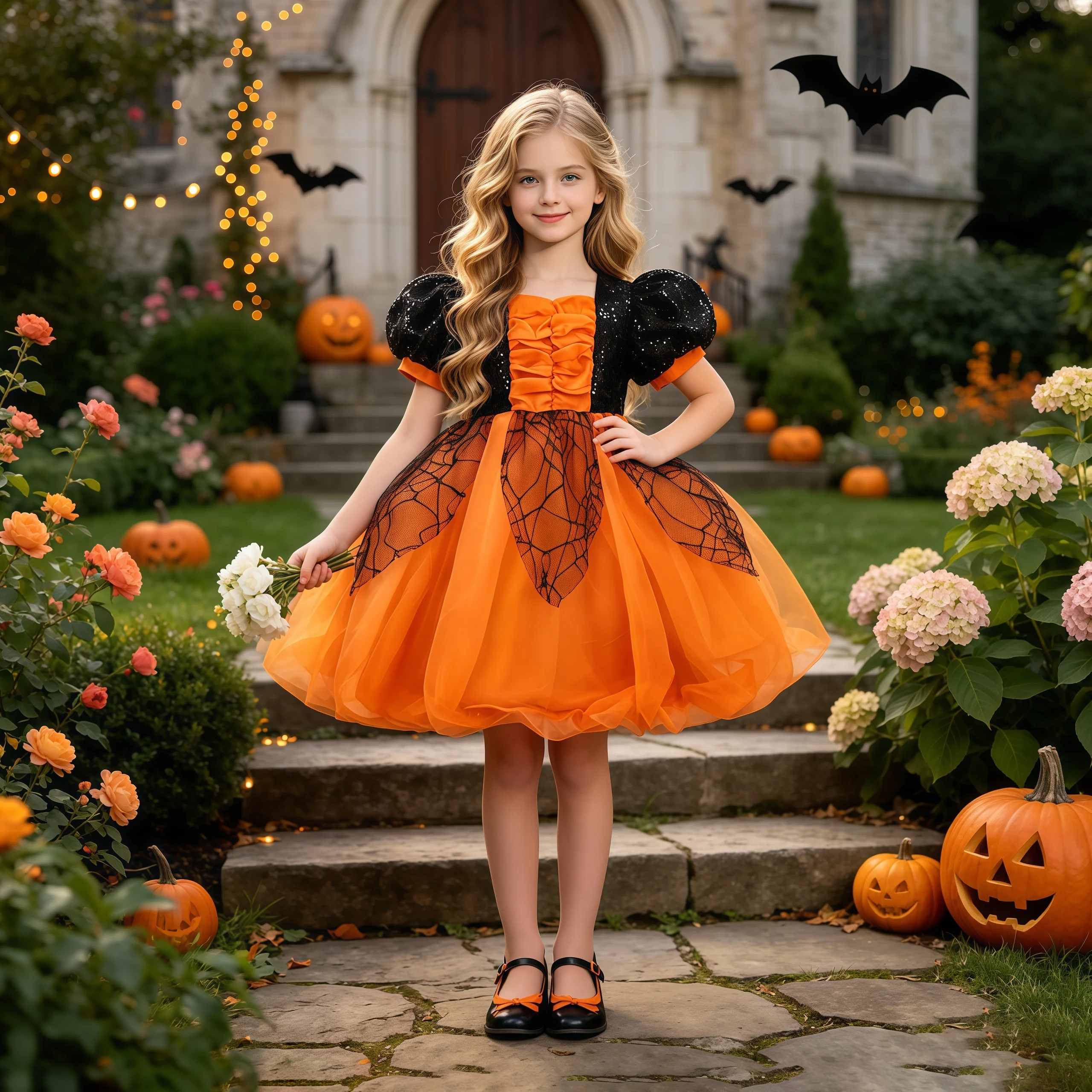 Fancy Halloween Party Costume for Girls Elegant Sequins Wedding Bridesmaids Birthday Prom Dresses Girl Gothic Christmas Costumes