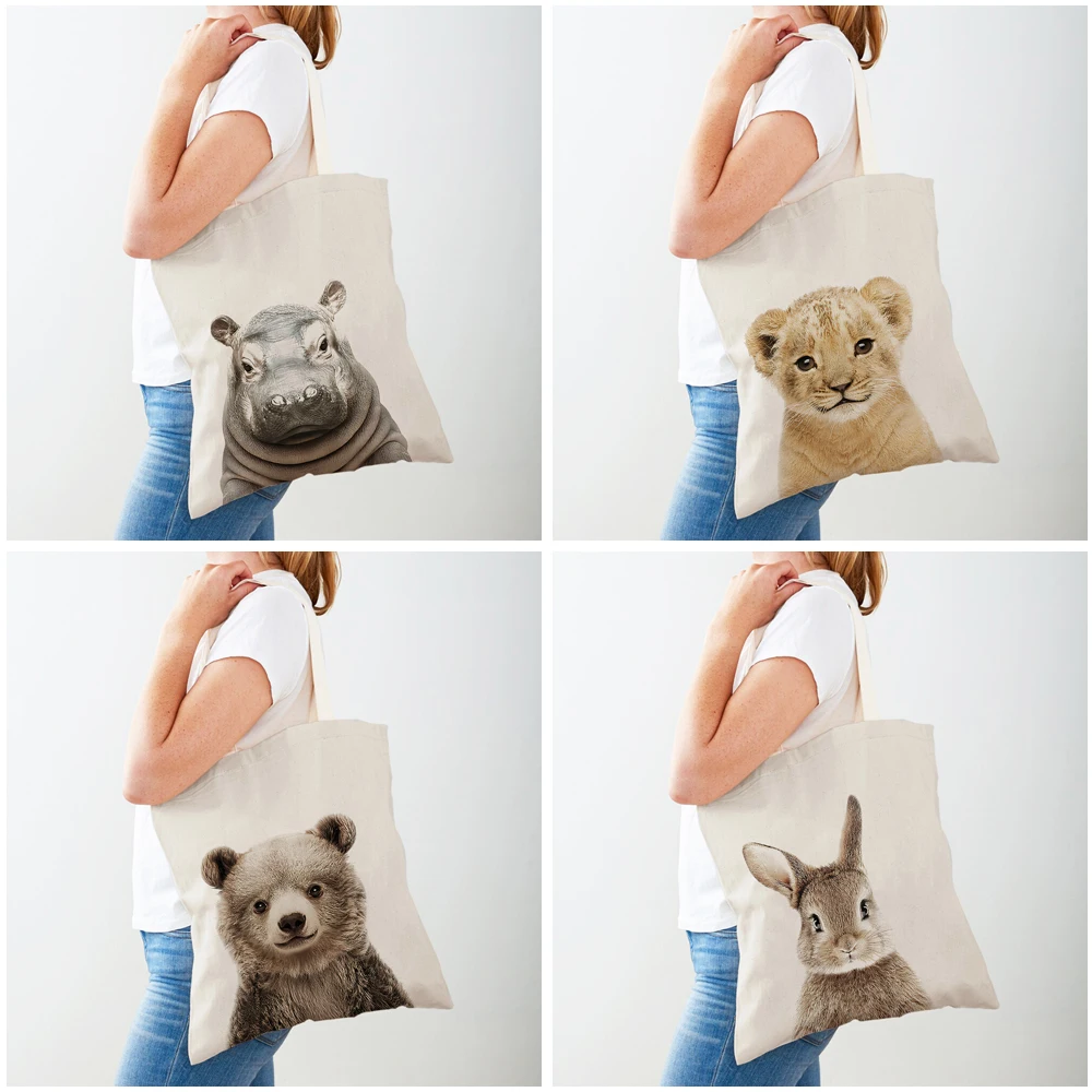 Bunny Rabbit Elephant Giraffe Bear Travel Tote for Lady Handbag Shopper Bag Double Print Animal Canvas Women Shopping Bags