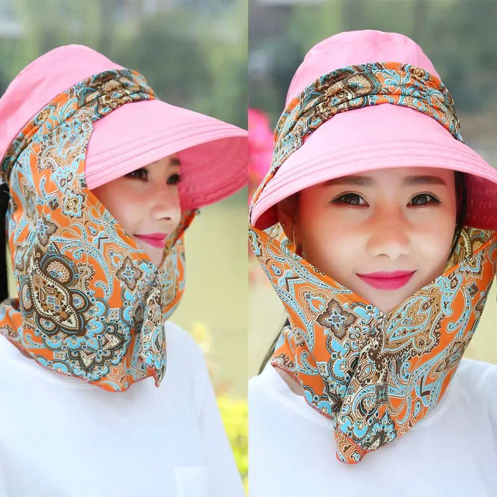 1Pcs Fashion Women Summer Outdoor Riding Anti-UV Sun Hat Beach Foldable Sunscreen Floral Print Caps Neck Face Wide Brim Hat