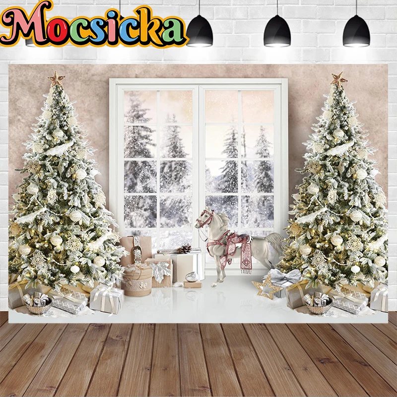 Christmas Winter Photography Backdrop Princess Kids Photocall Window Toy Horse Snowy Scene Girl Background Portrait Photo Studio