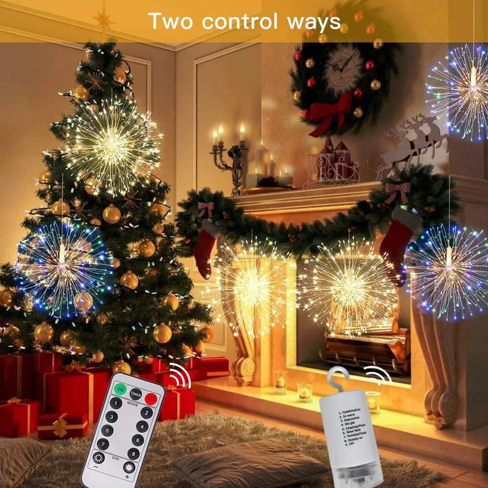 200 LED String Fairy Lights Hanging Starburst Lamp DIY Firework Christmas Garland Festival Decoration Remote Twinkle Lights