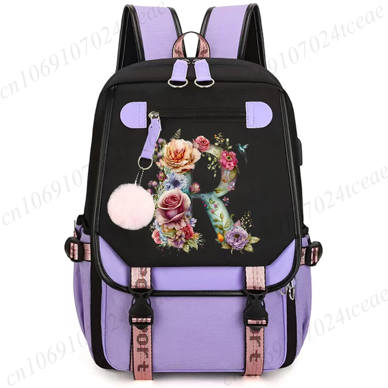 26 Alphabet Flower Women Schoolbag Waterproof Large Capacity School Backpack Zipper Teens Girl Casual Daypack Bag Student NEW