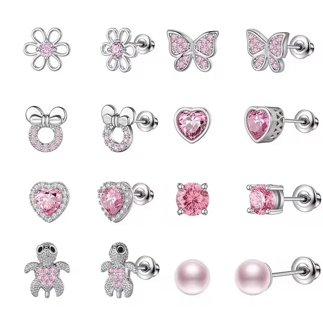 

1 or 8 Pair Hypoallergenic Surgical Stainless Steel Earrings for Girls Kids Women Screw Back Earrings Flower Butterfly Toddler
