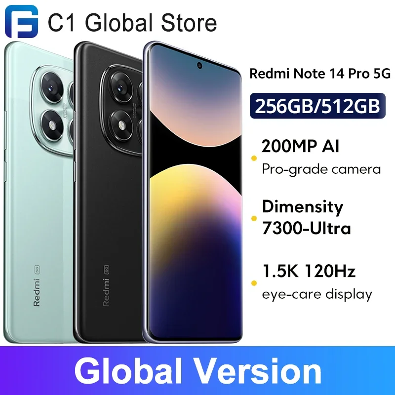 Anteprima mondiale Redmi Note 14 Pro 5G Versione globale Smartphone Dimensity 7300-Ultra NFC 200MP Fotocamera 1.5K 120Hz Display AMOLED