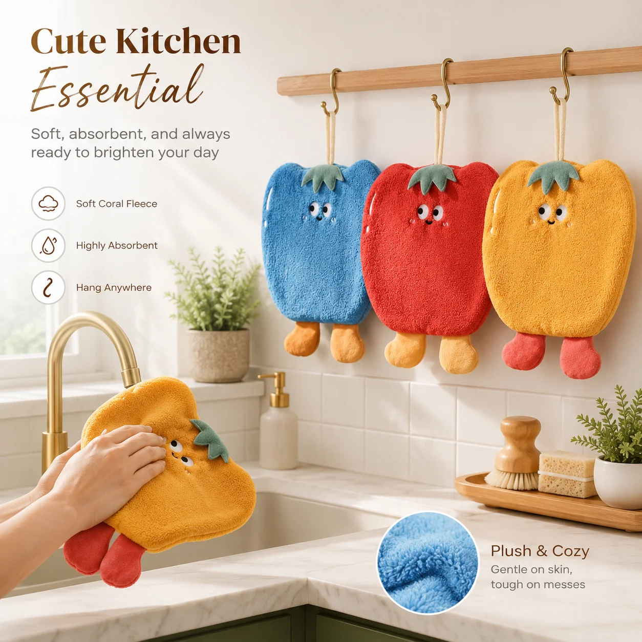 Dopamine Vegetable Style Hand Towel, Coral Fiber Fluffy Washable Anti-Fade, Square Bathroom Balcony Drying Cloth