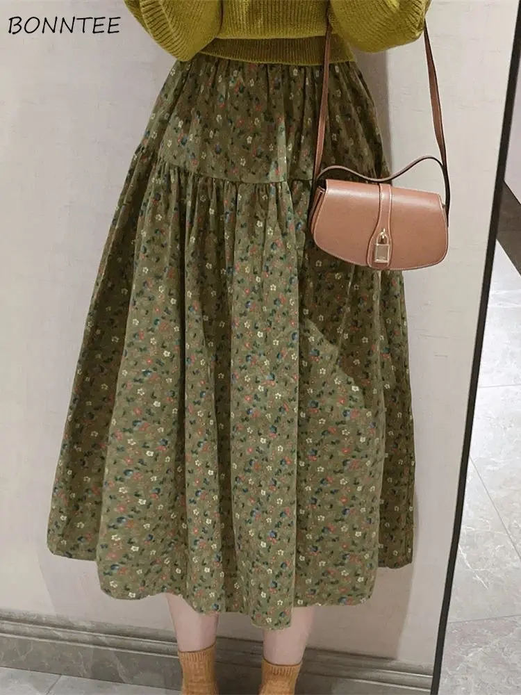 

Vintage Midi Skirts Women A-line French Style Printed Simple Elastic Waist Gentle New Spring Prairie Chic All-match Fashion OOTD