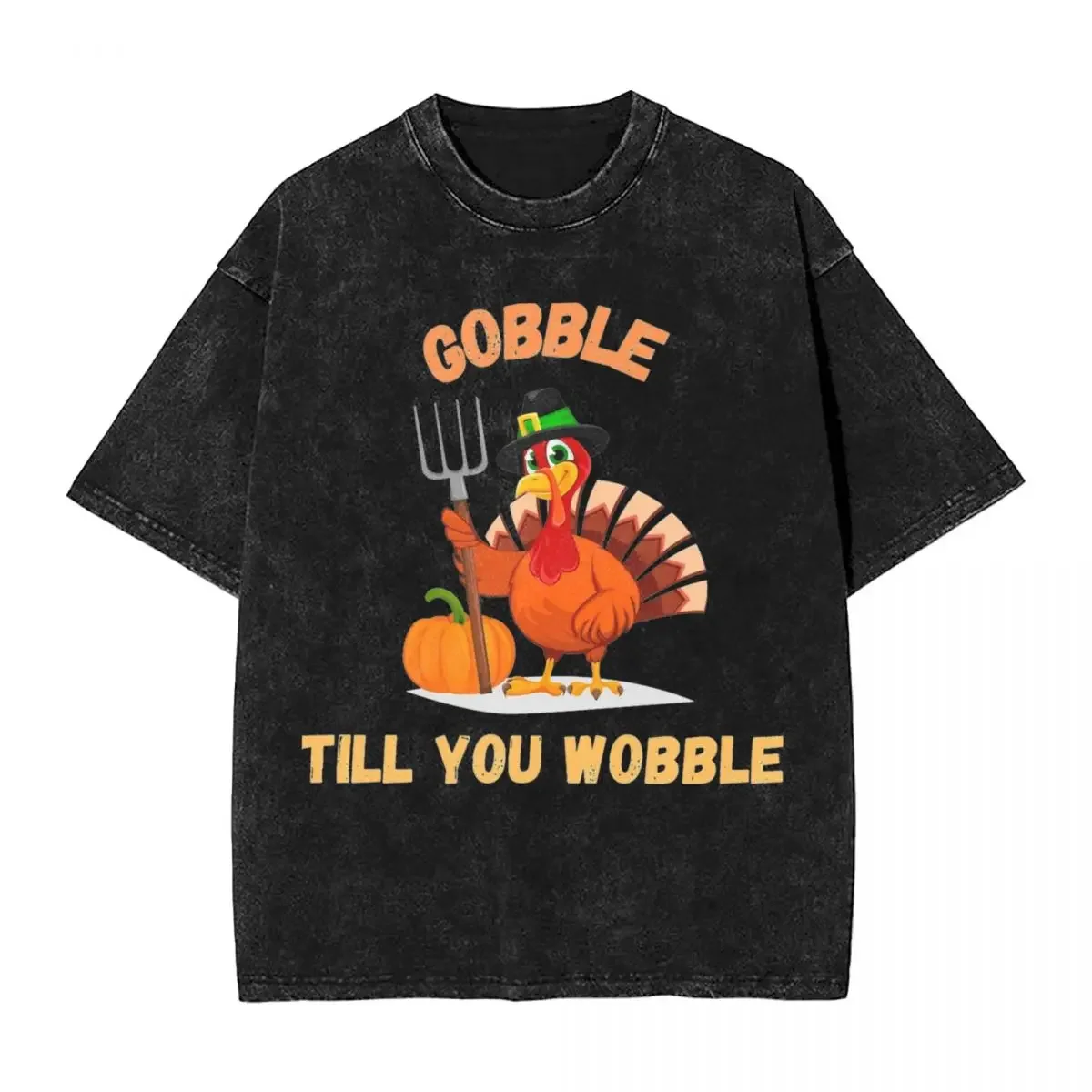 Happy Thanksgiving Pumpkin And Turkey Washed T Shirt Men Gobble Til You Wobble Casual T Shirts Beach O Neck Tees Plus Size Tops