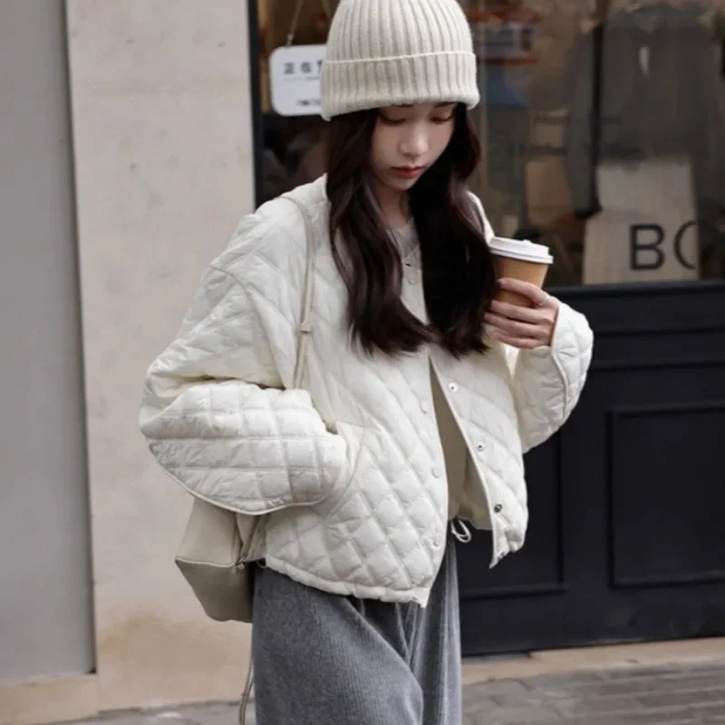 

Легкая хлопковая куртка с ромбовидной сеткой, женская модная свободная короткая стильная куртка, стеганая однобортная верхняя одежда с круглым вырезом, женская