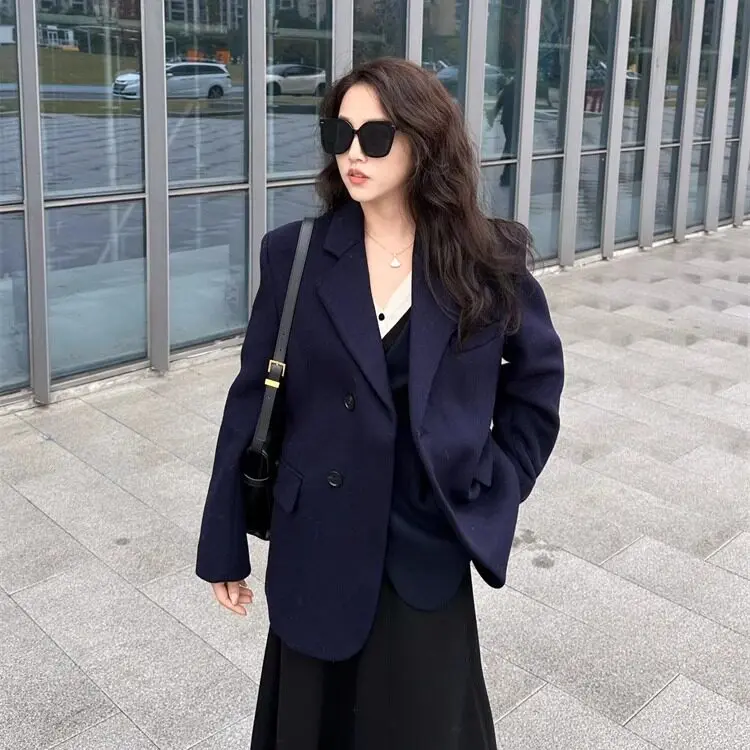 

Утепленное шерстяное пальто с подплечниками в корейском стиле, зимнее теплое твидовое пальто-костюм, женская модная верхняя одежда для повседневной носки