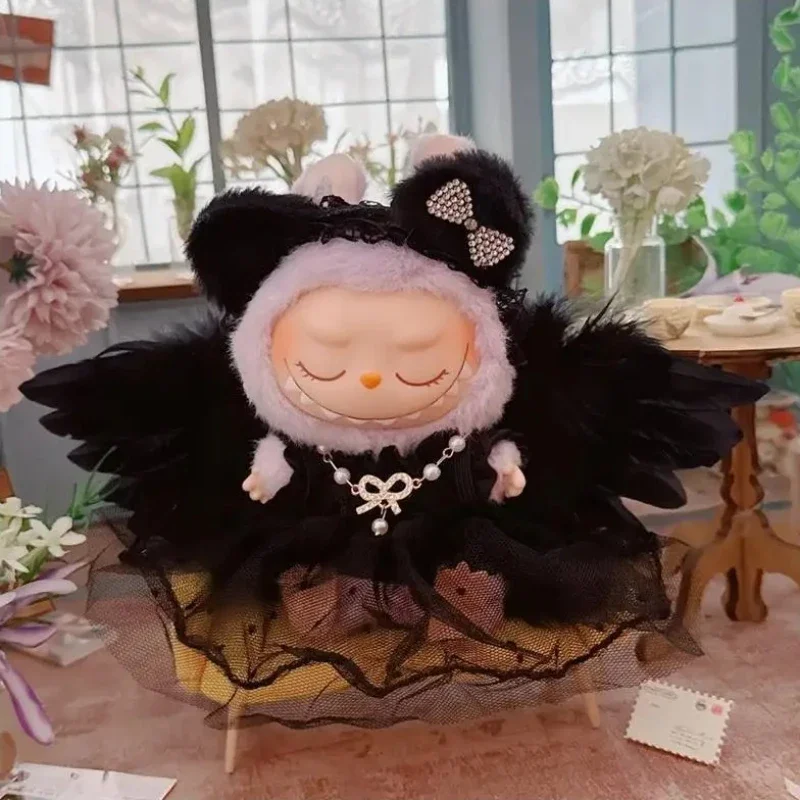 17cm Labubu Doll's Clothes Devil Dress Black and White Angel Feather Set Black Wedding Dress Outfit Akcesoria Odzież Prezenty