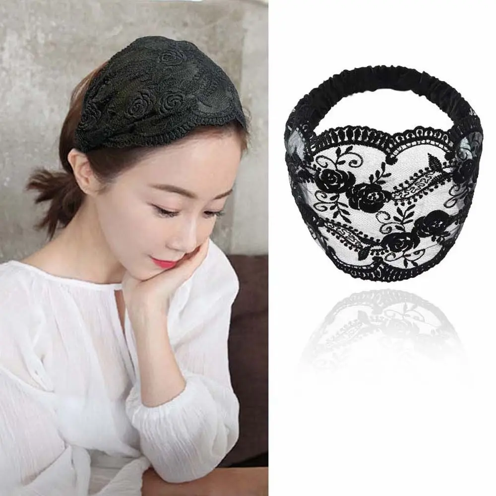 Non Slip Lace Flower Headband Transparent Hair Hoop Mesh Hollow Hairbands Lightweight Elastic Wide Side Head Wrap Female/Girls