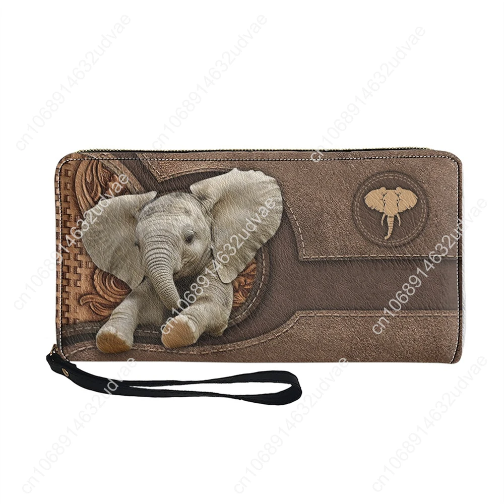 Designer Luxury PU Leather Purse with Zipper Cute Elephant Print Long Women Clutch WalletS Portable Female Card Holder Coin Bags