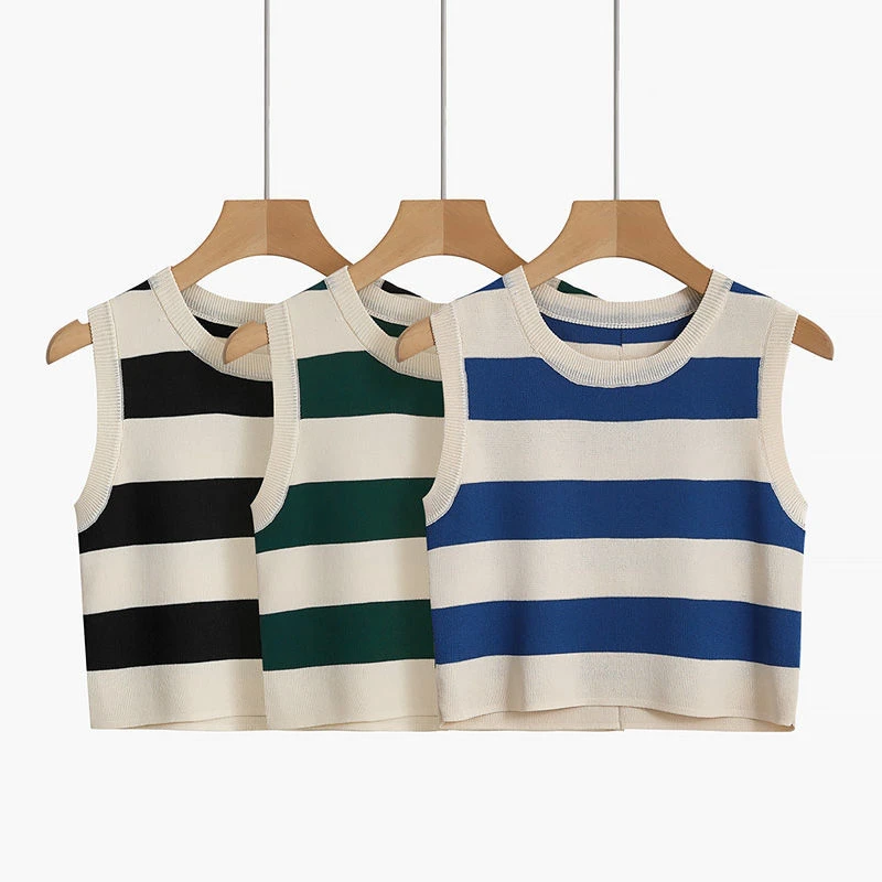 Sexy Rib-knit Tank Top for Women Summer Stripe O-neck Sleeveless Crop Tops Street Vintage Korean Fashion Shirt Vest Y2K Clothes