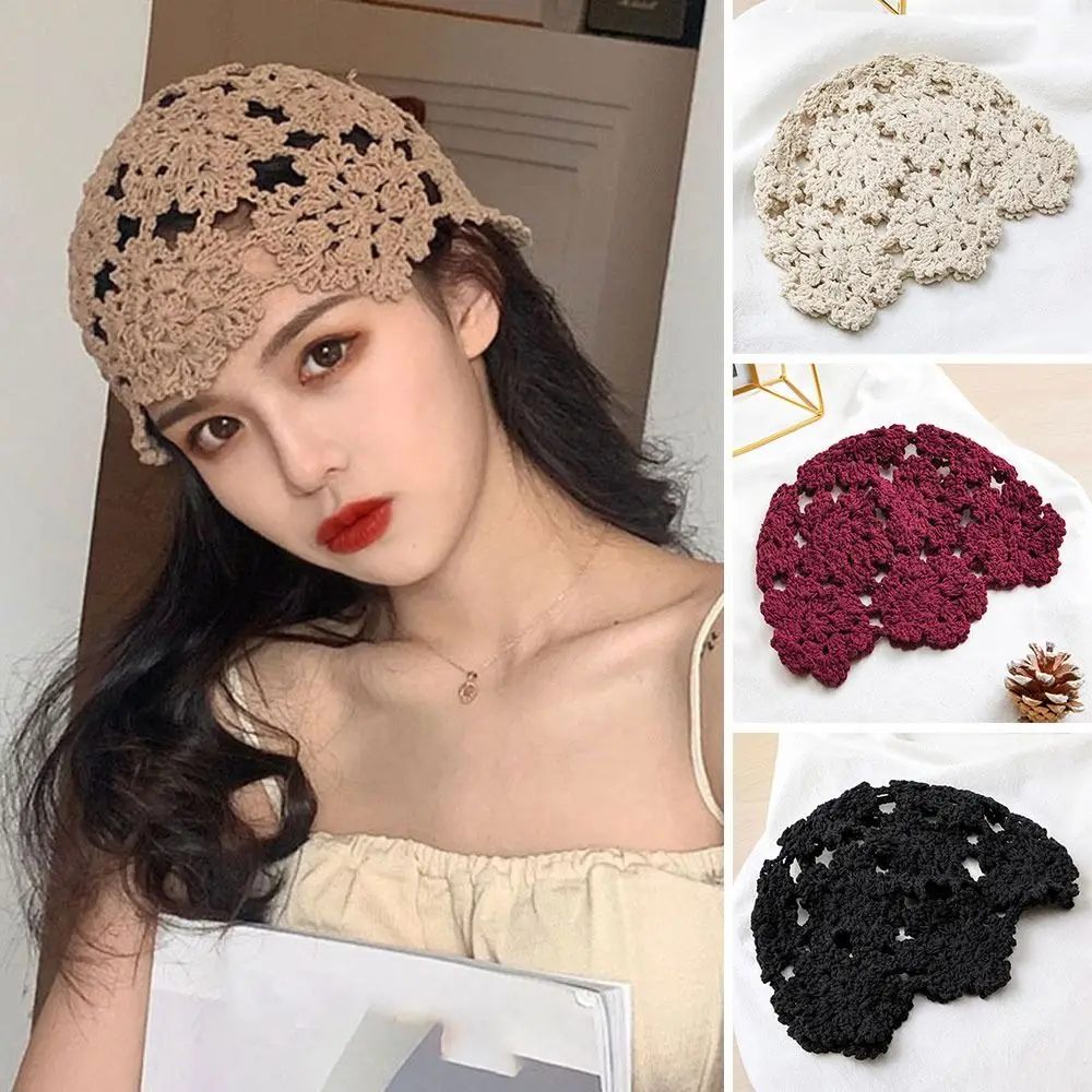 Women's Hollowed Out Knitted Hat Casual Beret Cap Fashion Flowers Breathable Skullies Hat Sun Visor