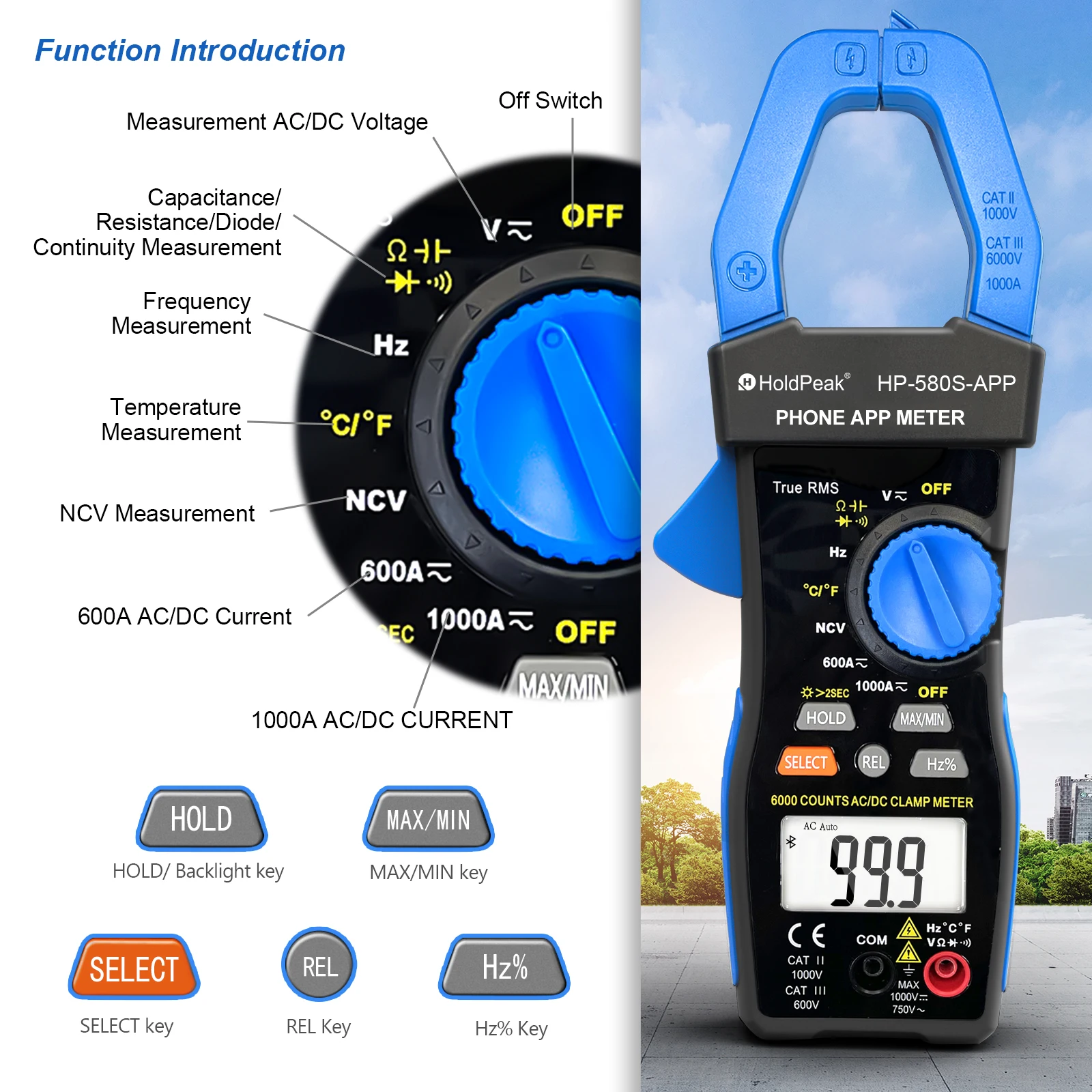 HP-580S-APP Digital AC/DC Clamp Multimeter With Bluetooth Connectivity 45mm Jaw Opening Data Hold Electrotechnical Instruments