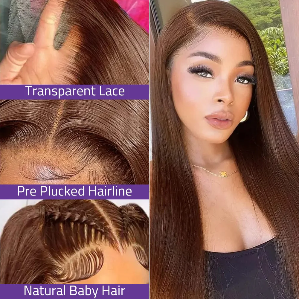 วิกผมตรงสีน้ำตาลช็อกโกแลตแบบลูกไม้ด้านหน้า 13x4 ผมแท้ 100% วิกผมลูกไม้ด้านหน้าแบบใส HD 13x6  ถอนขนมาแล้ว ความหนาแน่น 200%