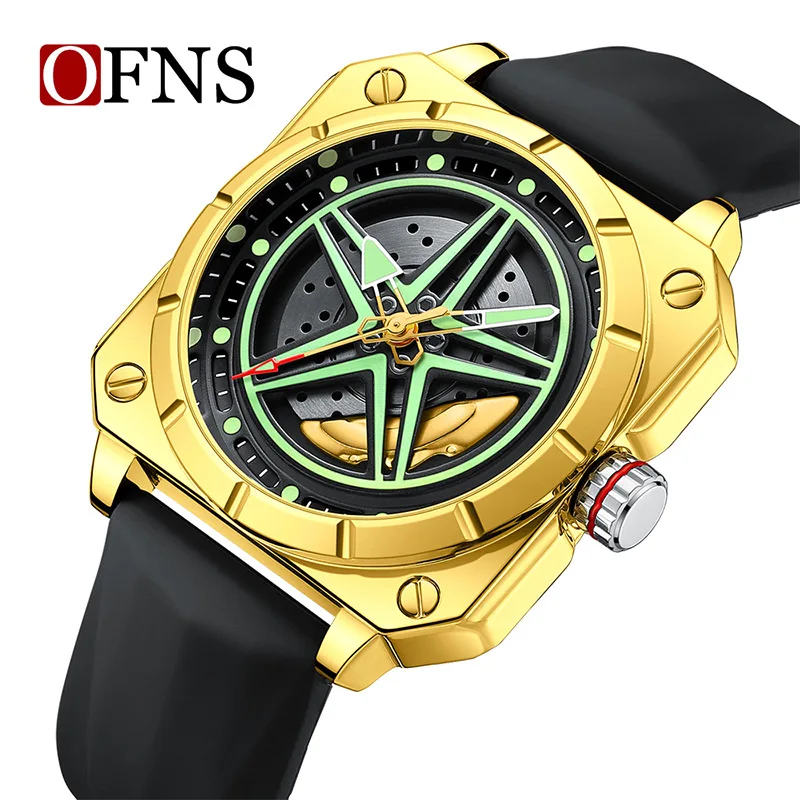 OFNS 8017 Men Quartz Watch Fashion Square Pentagram Stars Unique Green Silicone Strap Wristwatch for Male Boy Gift Clock