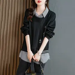 Primavera outono falso duas peças turn-down collar pullovers moda listrado emendado casual manga comprida sweatshirts roupas femininas