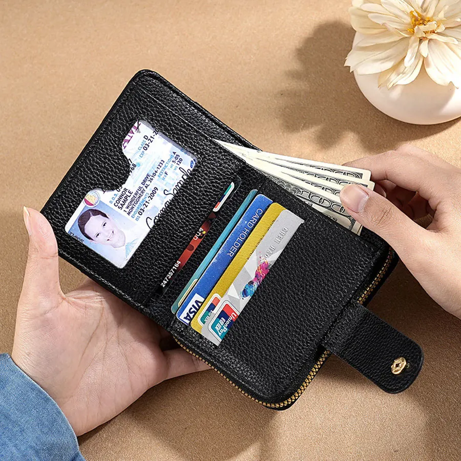 Fashionable Women'S Short Wallet Pu Leather Zipper Multi-Card Slot Coin Purse Portable Bi-Fold Big Capacity Wallet With Buttons