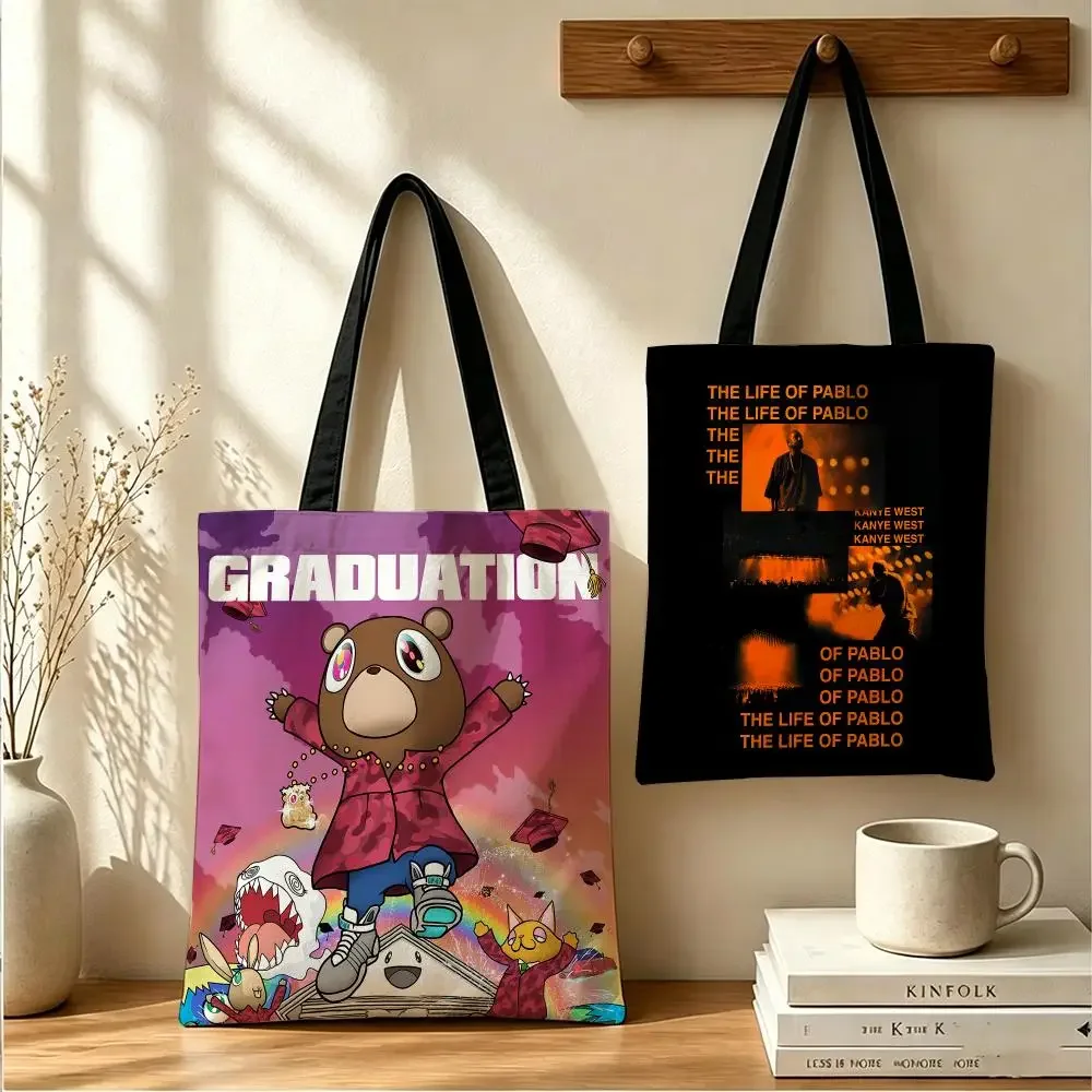 Rapper K-Kanye W-West Storage Bags Large Capacity Canvas Tote Bag Double-Sided Print Shoulder Handbag for Daily Shopping