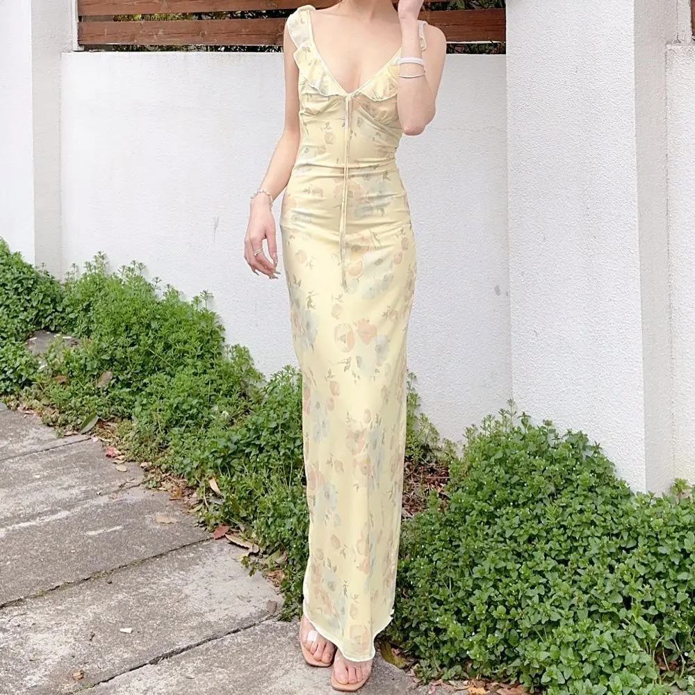 2025 New Summer Floral Print Plunge Maxi Dress Outfits Sexy Backless Fairy Sun Dresses Vacation Beachwear Vestido Coquette