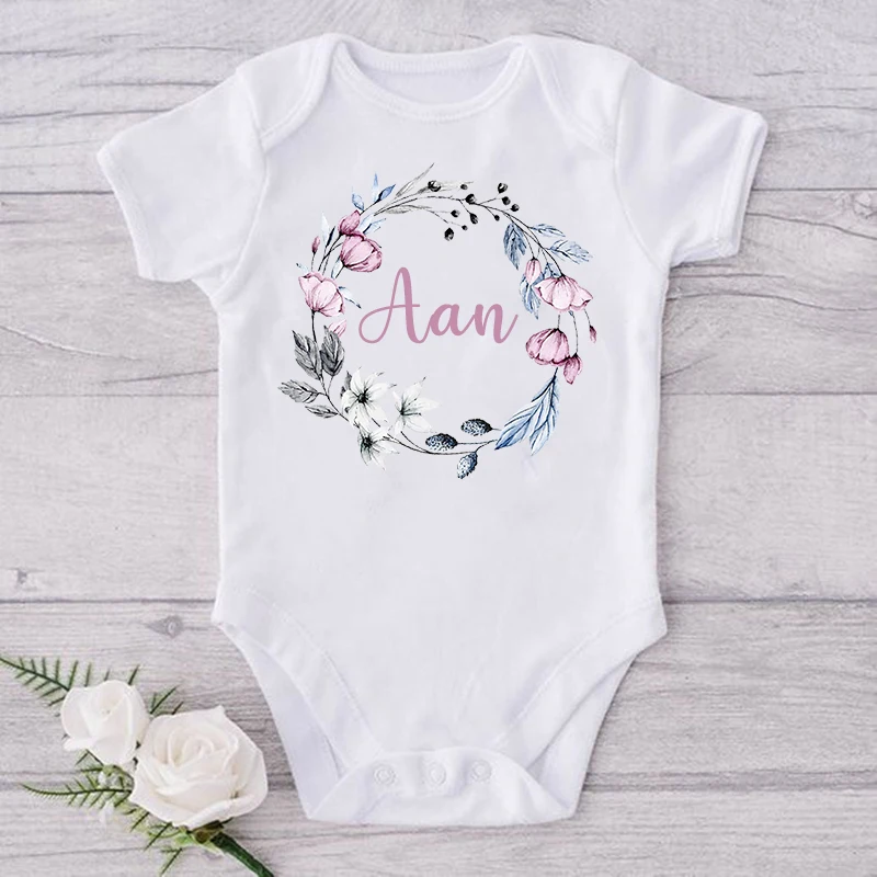 Personalised Floral Wreath New Baby Girl Clothes Custom Infant First Name Bodysuits Baby Shower Gifts Newborn Toddler Jumpsuits