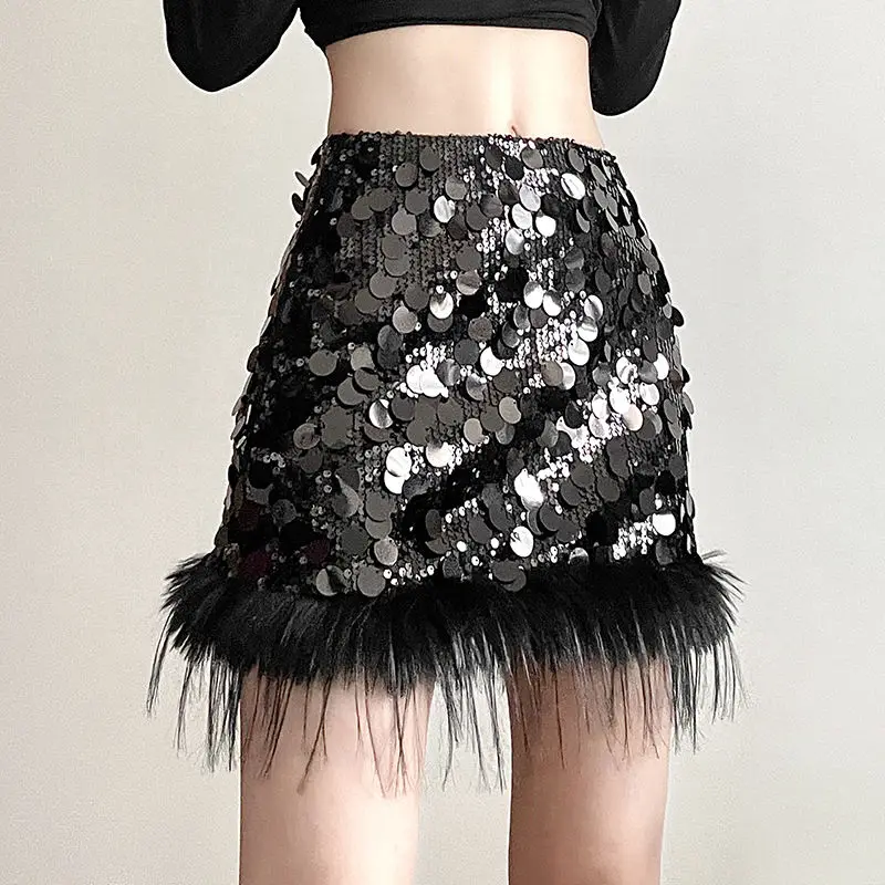 Sexy Sparkly Korean Women's High Waisted Sequin Skirt Elegant Plush Spliced Party Skirt