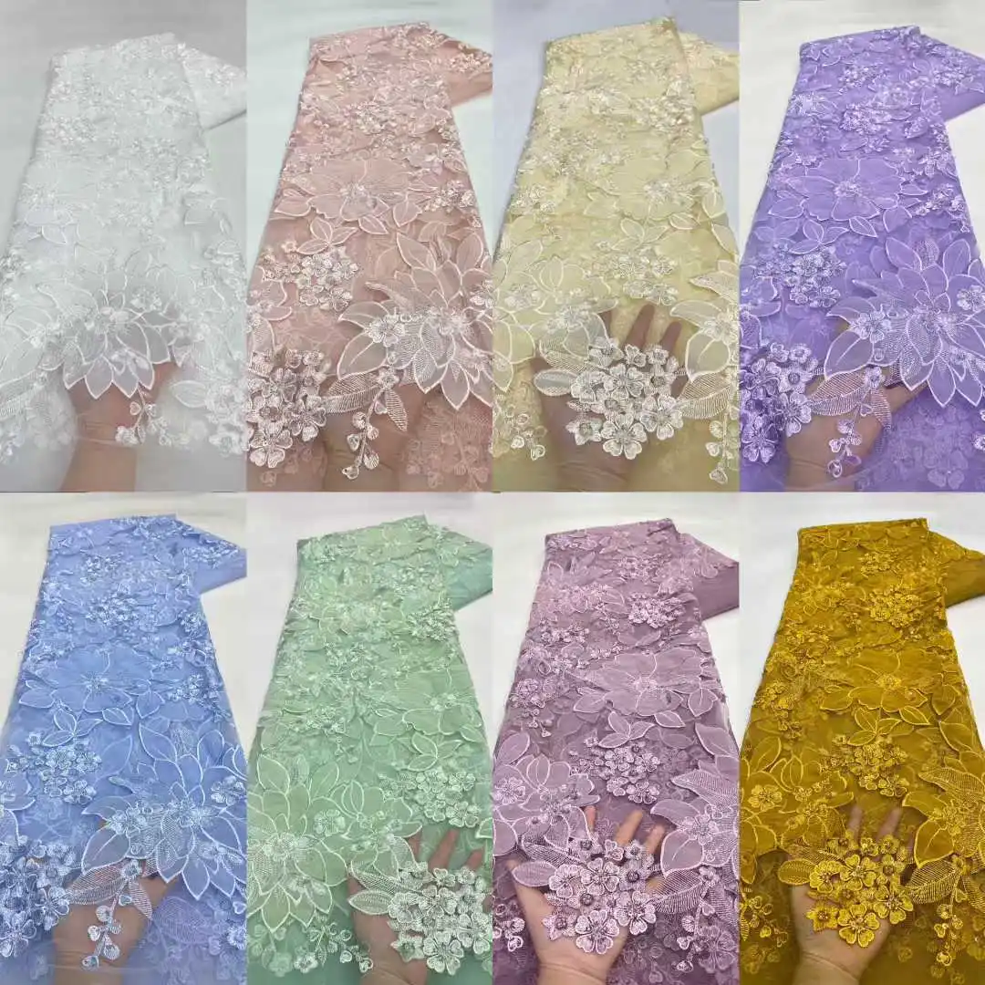 5yards Luxus Chiffon 3D Spitze Stoff Dubai Hand Perlen Tüll Spitze Stoff Bestickte Pailletten Afrikanischen Nigerian Stoff Für Hochzeit