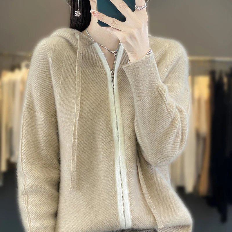 

ATTYYWS Loose and comfortable cashmere cardigan for women, hooded sweater, long sleeve knitted coat, high-end, 100% wool sweater