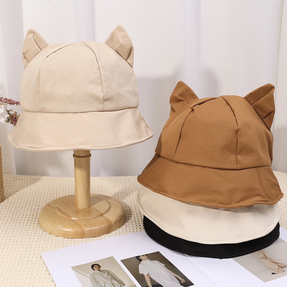 2024 Cartoon Solid Color Cotton Bucket Hat Cute Sweet Cat Ear UV Protection Beach Hat Fisherman Hat Sun Cap Kids Outdoor Travel