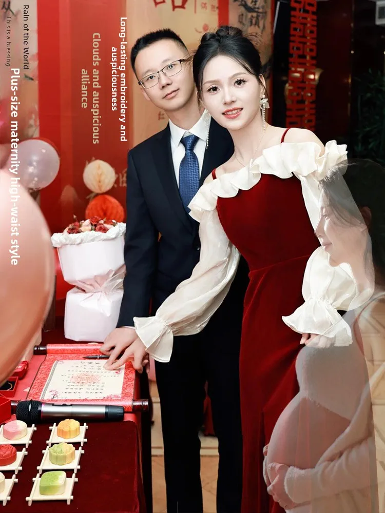 

Red Velvet Evening Gown for Pregnant Women High Waist A-Line Skirt Ele Performance Dr Thank You Visit Ceremony Dr