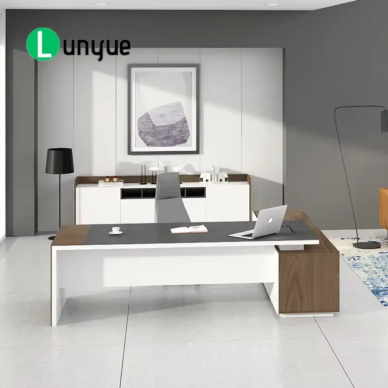 Modern L Shaped Executive Desk Wooden Office Manager Table with Side Cabinet Large Workstation for Home Business Furniture