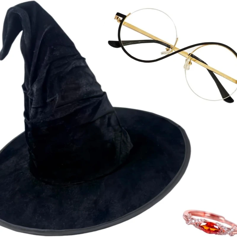 3 pcs cosplay glasses, witch hat, and witch ring accessories for Halloween movie cosplay props