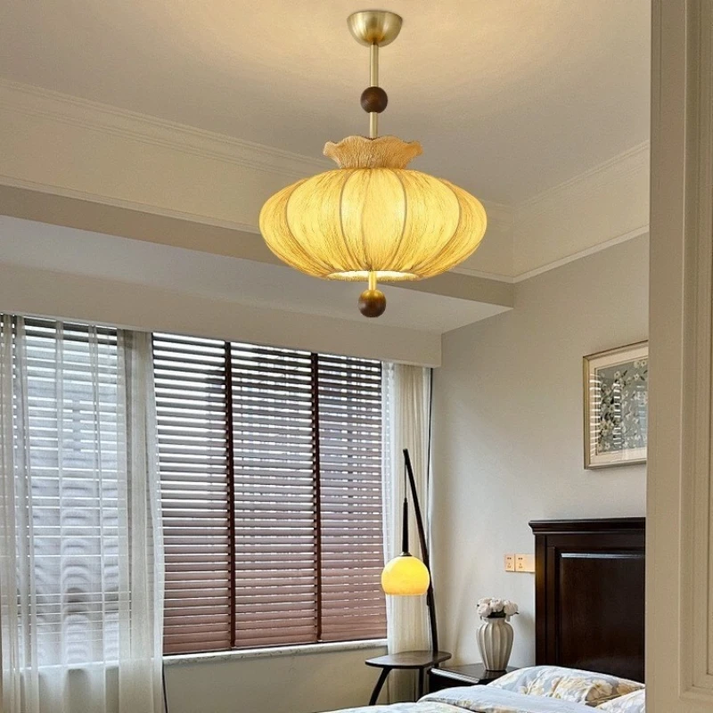 French Vintage LED Pendant Lamp Wabi Sabi Fabric Lantern Chandelier Bedroom Study Living Room Kitchen Restaurant Atmoshere Light