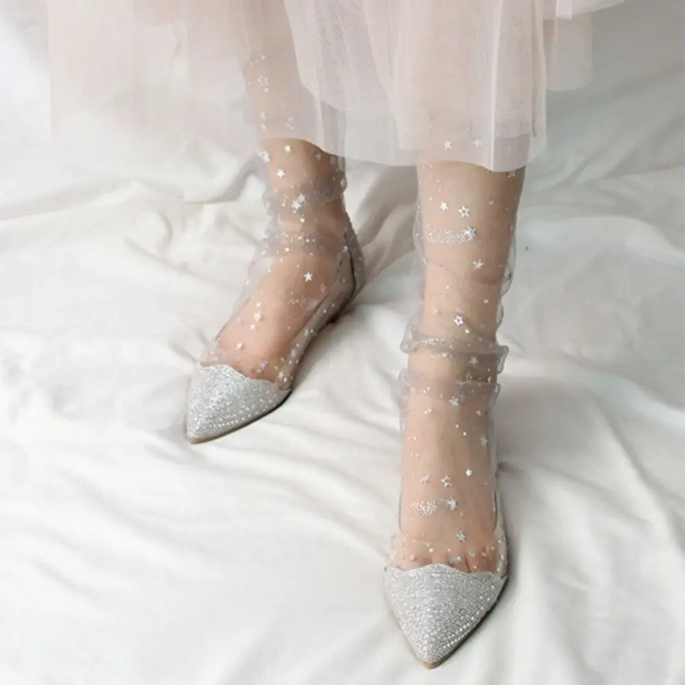 Calcetines de malla transparentes con purpurina y estrellas brillantes para mujer, colores dulces de primavera
