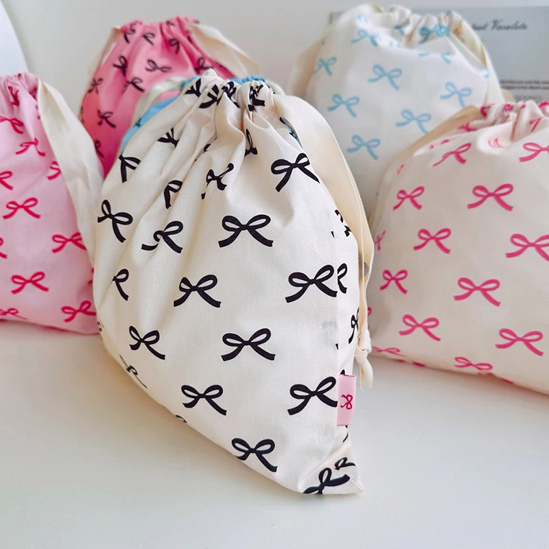 Cute Pink Bowknot Print Travel Skincare Drawstring Storage Bag Makeup Bag Underwear Clothing Storage Bag