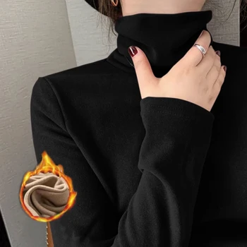 1 adet kadın sonbahar kış kalınlaşma sıcak uzun kollu tişört kazık yaka termal iç çamaşır moda yüksek yaka ince termal üst