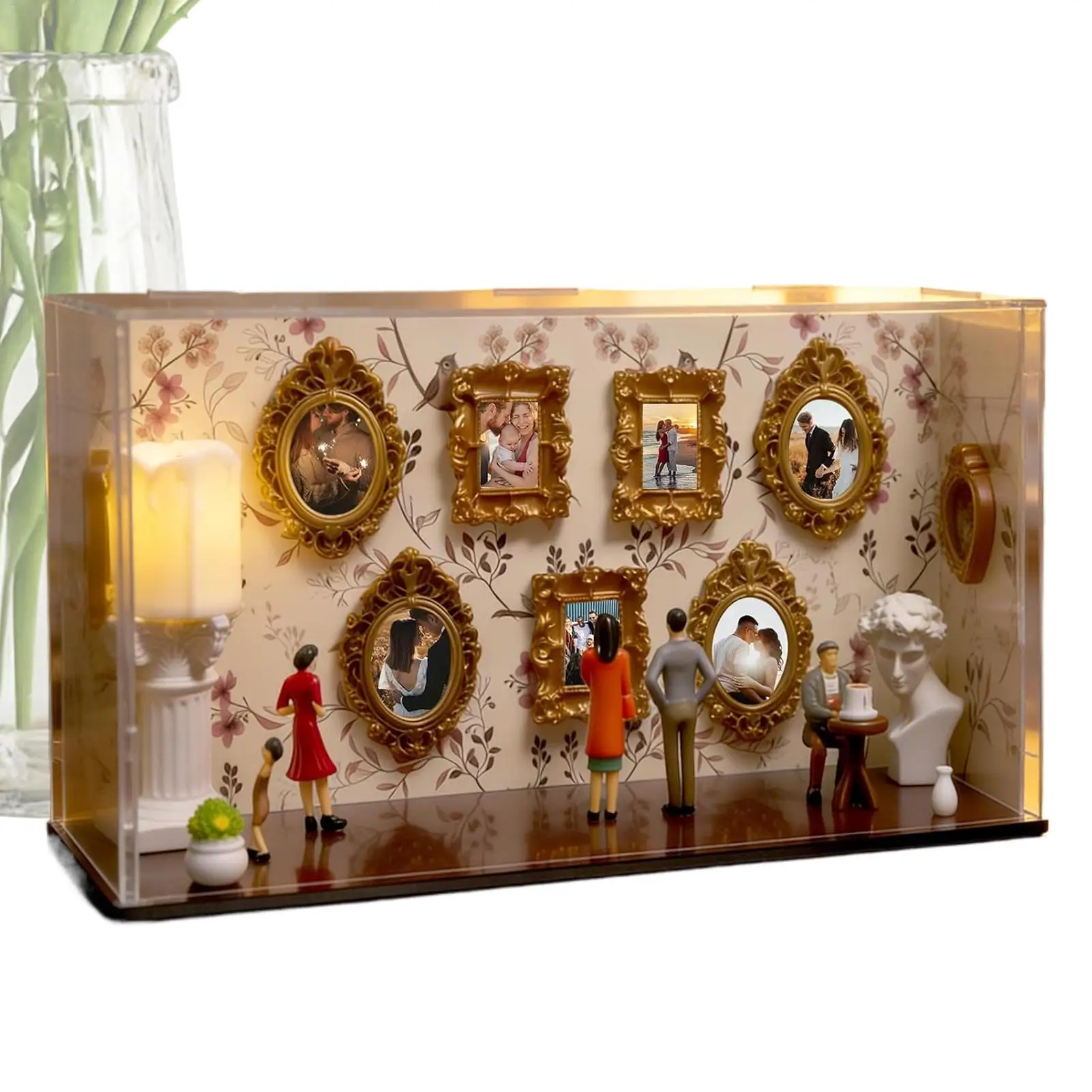 DIY Mini Museums Silhouette Box Spotlight Shadow Boxes Photo Frame With 9 Gold Mini Photo Frames And 5 Random Cute Dolls