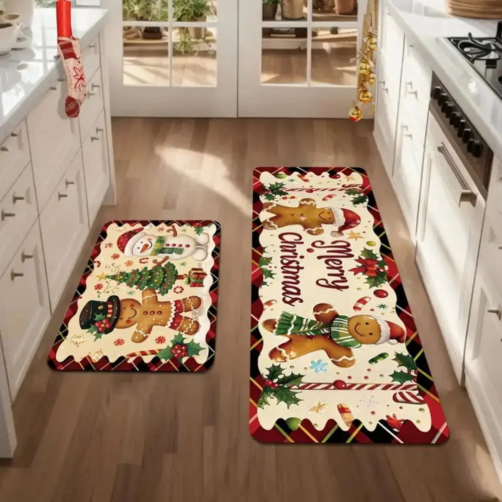 VIKAMA 1/2pcs Cartoon Christmas Gingerbread Man Kitchen Carpet, Water-Absorbing, Anti-Slip And Cooling Carpet, Home Decoration