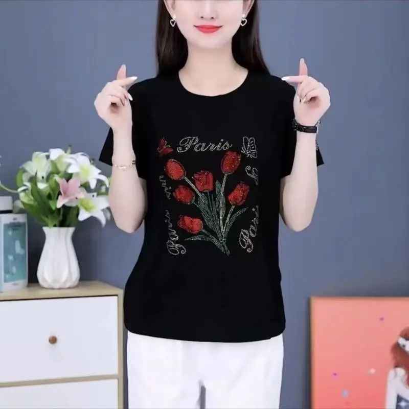 صيف جديد الحرير الجليد حجر الراين ort Sve تي شيرت فضفاض سليم الجولة Ne تنوعا عادية Faionable رقيقة Sle المرأة