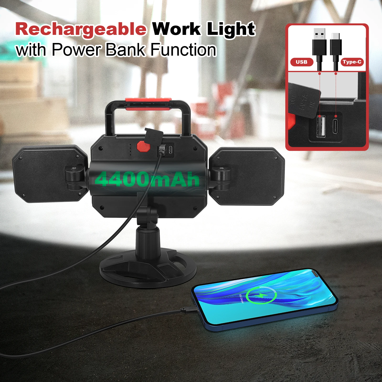 Rechargeable Work Light 25W 2700LM COB LED Magnetic Work Light with Battery Portable Waterproof Cordless Job Site Lighting