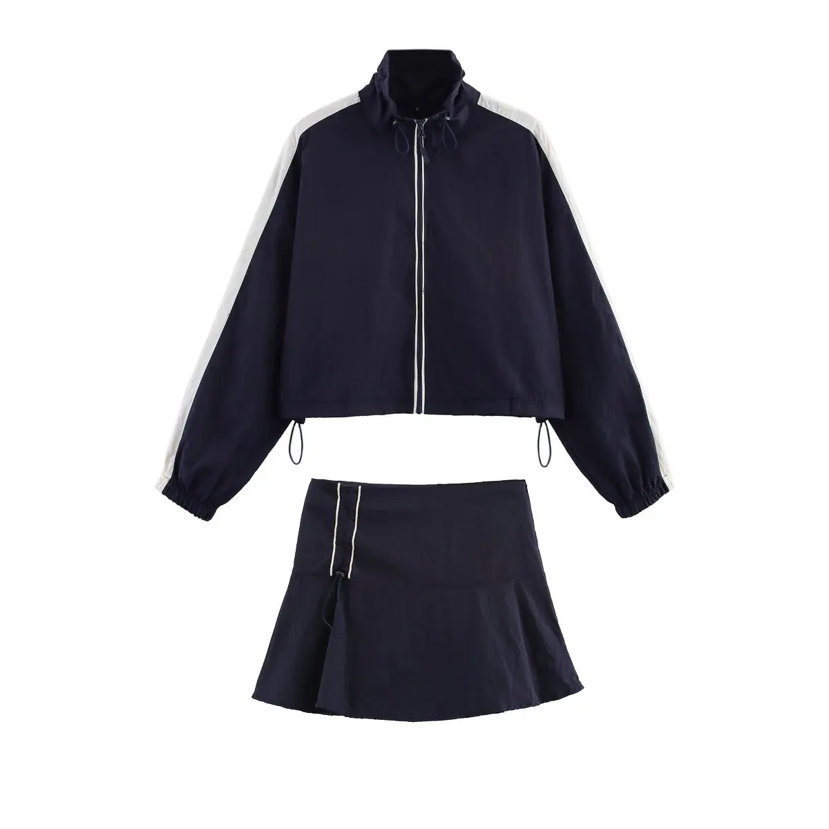 2026 Women's Patchwork Zipper Sports Short Jacket Coats Lady Stripe Side Adjustable Waist Skirt Pants 2 Pcs Sets Outfit Suits