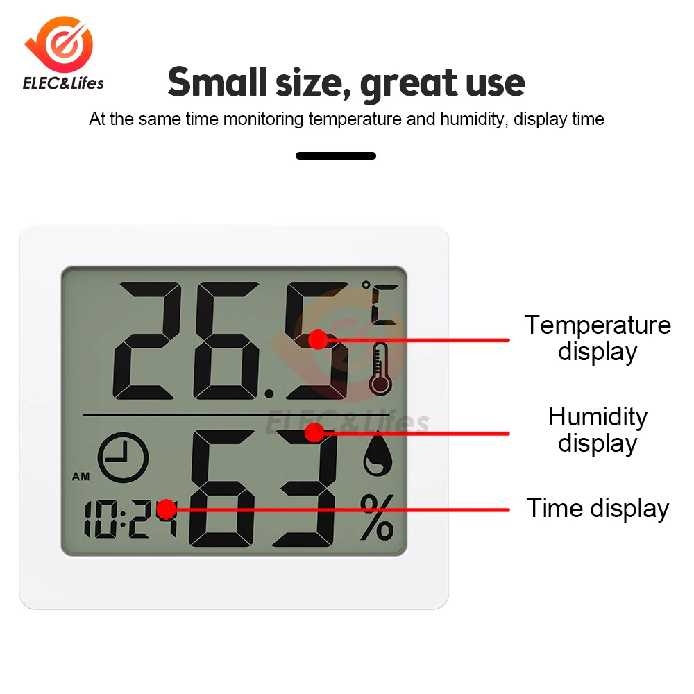 Termômetro multifuncional higrômetro eletrônico automático monitor de umidade temperatura relógio grande tela lcd ℃ / ℉   Com bateria