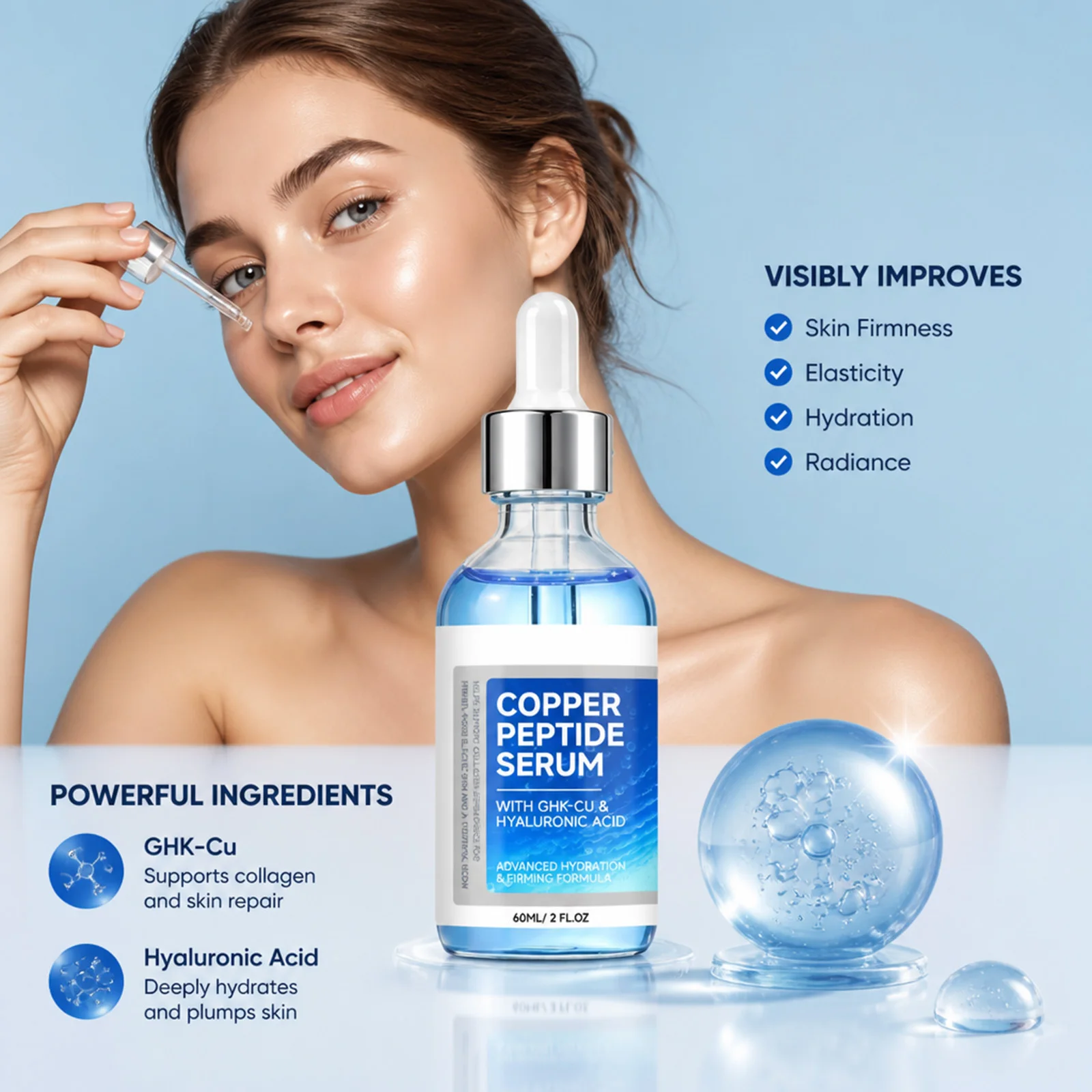 60ml Ghk Copper Peptide Face Serum Hyaluronic Acid Skin Hydration Moisture Support Collagen Appearance Skin Care Serum