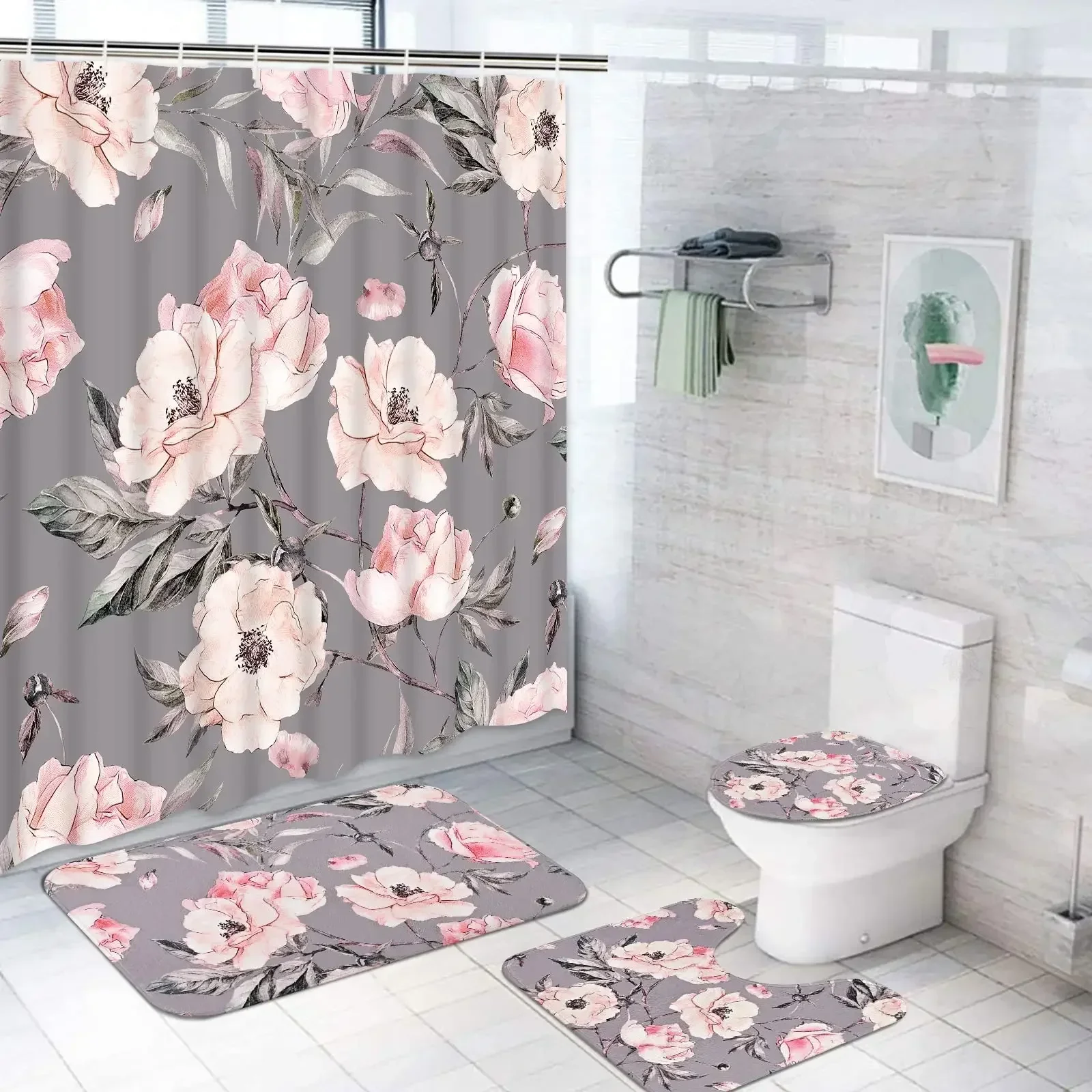 Pink Big Flowers Printed Shower Curtain Set with Rug Anti-slip Carpet Bathtub Toilet Screen Waterproof Bathroom Decor  Hooks