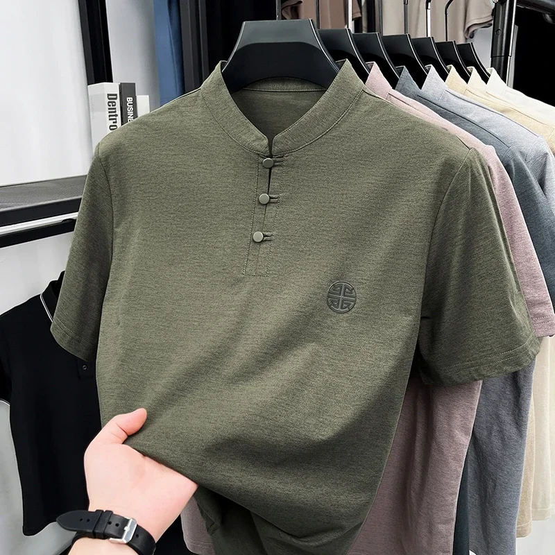 T-shirt à manches courtes pour homme, col mandarin, style chinois décontracté, chemise Henley à bout