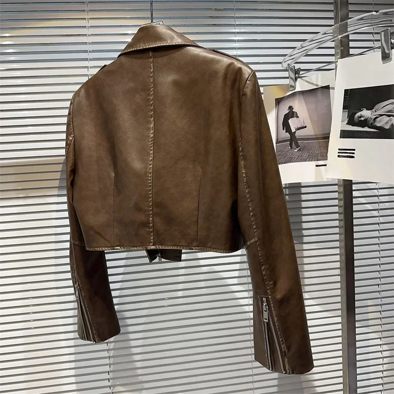 Nueva chaqueta de piel sintética corta ajustada Vintage para mujer, chaqueta de motociclista de manga larga con solapa negra y marrón oscuro, ropa de calle